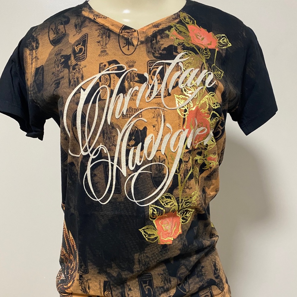 Christian Audigier Women Rhinestone Black Shirt